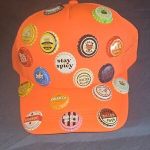 Bright Orange Cap with Bottle Cap Decor